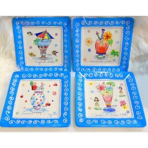 Set (4) ORMSBY Happy Hour TROPICAL PLATES Ceramic Hawaii Jamaica Hurricane Drink